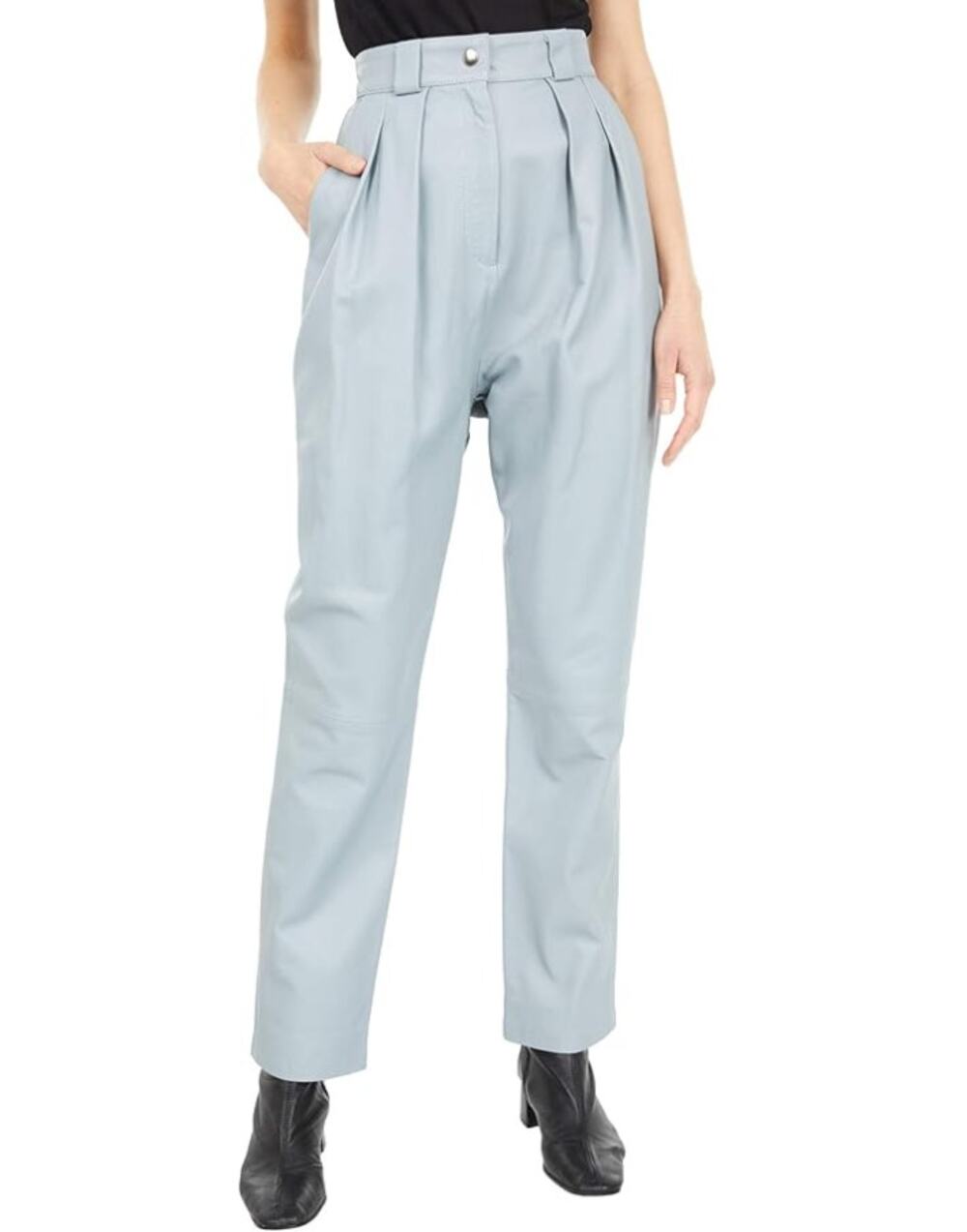 FAITH CONNEXION Women's Pleated Leather Pants FR 36 US 6 Light Green Blue NWOT